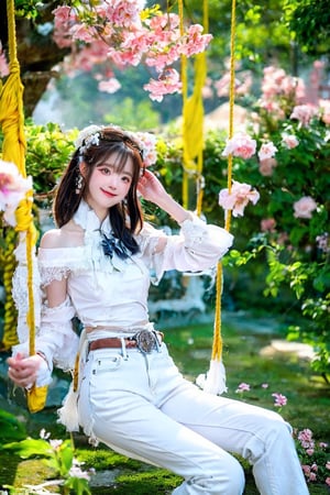 A Taiwanese girl, wearing a white off-shoulder chiffon dress, short jeans, real skin style, smiling happily, delicate skin face, the focus is on the girl sitting on a swing suspended in the air, swinging, there is a big tree pole covered with colorful beautiful flowers, petals flying around, clouds and mist lingering around, toes almost touching the sea of ​​clouds, breeze blowing her hair. The world is vast, the sun is warm, the beautiful scenery of mountains and seas in front of her fills her heart with tranquility and leisure, panoramic appearance, wide-angle lens shooting from bottom to top.