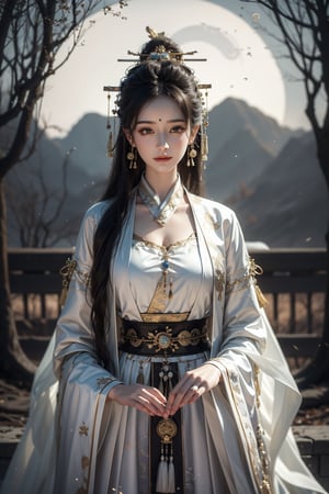 A beautiful woman with long black hair wearing traditional Han attire stands under an ancient tree from the Han Dynasty. She holds a Han Dynasty musical instrument, the pipa, and looks up at the crescent moon in the midnight sky with a smile, creating a mysterious atmosphere. The scene features contrasting lighting that accentuates her stunning features and the peaceful expression on her face as she contemplates joy. The composition places her in a meditative pose, with the moon and ancient trees serving as a dramatic backdrop.