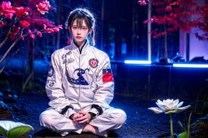 A Taiwanese man, wearing a white flight jacket with the Taiwanese flag printed on it, real skin style, exquisite skin, began to retreat, sitting cross-legged to rest his body with his hands in lotus position, the background is the cosmic blue backlight, the ethereal environment, and there are white spirits around him