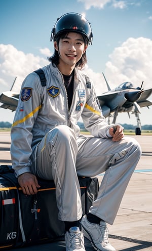 A Taiwanese man, wearing a white technical flight suit, is sitting in a fighter plane and operating the fighter plane in the air. He is wearing a helmet and smiling at the camera. The background is blue sky and white clouds. He is wearing a white flight suit, with real skin and exquisite body. Effects, Ready for Mission, Highly Detailed Textures, Shallow Depth of Field, Vibrant Colors, Thermal Realism, RAW, 16K, Masterpiece, Ultra HD, Full Body Shot, Sharp Focus, Professional, Bokeh, Hyperreal, Top Theatrical Lighting, Dynamic Shadows ,