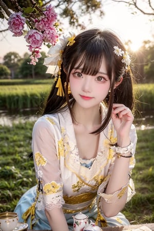 A Taiwanese beauty, with a majestic and proud bust, full and round, real skin effect, clear focus, delicate face, happy smile, sitting alone by the paddy field, on a low wooden table under a maple tree, drinking tea, enjoying the pastoral scenery, delicate light and shadow details, yellow fallen leaves all around her, golden light and shadow