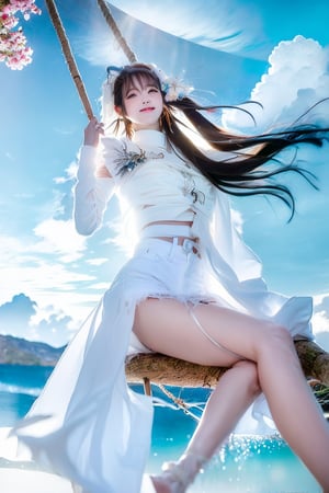 A Taiwanese girl, wearing a white off-shoulder chiffon dress, short jeans, real skin style, smiling happily, delicate skin face, the focus is on the girl sitting on a swing suspended in the air, swinging, there is a big tree pole covered with colorful beautiful flowers, petals flying around, clouds and mist lingering around, toes almost touching the sea of ​​clouds, breeze blowing her hair. The world is vast, the sun is warm, the beautiful scenery of mountains and seas in front of her fills her heart with tranquility and leisure, panoramic appearance, wide-angle lens shooting from bottom to top.