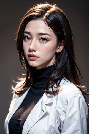 (Realistic, Photorealistic: 1.37), labcoat, white coat, K-Pop idol, ((highest quality)), ((intricate details)), ((surrealistic)), absurd resolution, 18 years old, young , sexy woman, point view, highly detailed illustration, one girl, medium breasted, perfect hands, detailed fingers, beautifully detailed eyes, medium long hair, brown eyes, (turtleneck: 1.2), tight skirt, Detailed background, choker, perfect eyes, enchanting eyes, looking. Viewed from the front