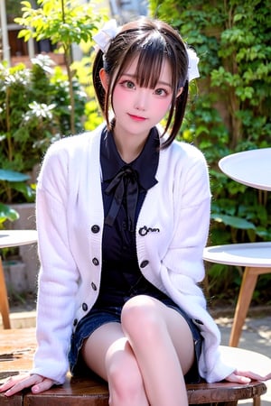 A contemporary color photo of a young Taiwanese girl sitting at an indoor coffee table, with real skin effects, short grey hair, clear facial features, a majestic bust, solo, she is wearing a white cardigan without buttons and high white boots on her feet. Her pose is relaxed, with one leg crossed over the other. The background shows the environment of a modern outdoor coffee shop, including chairs, tables and green plants. The background seems to be a soft shadow under the sunlight, suggesting daytime. On the table there is a cup, saucer and a dessert cup on a wooden tabletop. This composition captures a casual but intimate moment in a trendy urban environment.