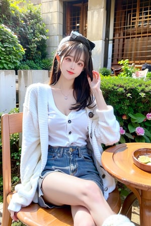 A contemporary color photo of a young Taiwanese girl sitting at an indoor coffee table, with real skin effects, short grey hair, clear facial features, a majestic bust, solo, she is wearing a white cardigan without buttons and high white boots on her feet. Her pose is relaxed, with one leg crossed over the other. The background shows the environment of a modern outdoor coffee shop, including chairs, tables and green plants. The background seems to be a soft shadow under the sunlight, suggesting daytime. On the table there is a cup, saucer and a dessert cup on a wooden tabletop. This composition captures a casual but intimate moment in a trendy urban environment.