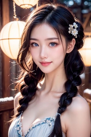 A Taiwanese girl, (realism: 1.2), analog photography style, dreamy snow scene, short black and gray braided hair, full body, soft natural light, cute and sexy smiling, happy, detailed face and blue eyes, high quality, masterpiece, detailed northern mid-autumn night background with a big moon, Chinese style mid-autumn festival atmosphere, quality: 16K, original photo face, real skin effect, clear facial features, majestic bust, analog photography style, dreamy snow scene, short black and gray braided hair, full body, soft natural light, cute and sexy, happy, detailed face and blue eyes, high quality, masterpiece, detailed northern background, quality: 16K, original photo