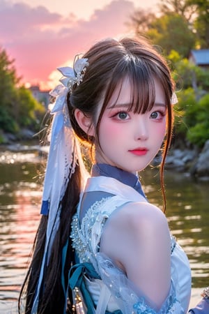 Best Works, (Best Quality, , HDR, 8k, 32k, Original Photo, Realistic, Real Skin, UHD: 1.2), a beautiful Japanese 20-year-old girl, with surging waves, a plump figure, wearing a long white tulle dress, by a forest lake, bright blue eyes, long gray hair, delicate face, perfect face, green pond, dark sky, background lighting, realism, red sky, detailed sky, realistic clouds, sun, bright environment, late afternoon, sun in the clouds, wide-angle lens effect