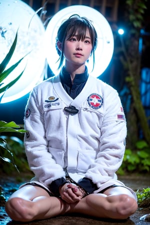 A Taiwanese man, wearing a white flight jacket with the Taiwanese flag printed on it, real skin style, exquisite skin, began to retreat, sitting cross-legged to rest his body with his hands in lotus position, the background is the cosmic blue backlight, the ethereal environment, and there are white spirits around him