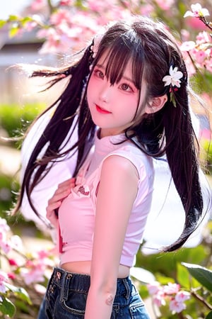 A Taiwanese girl, wearing a short T-shirt and short jeans, 
dries clothes under a cherry blossom tree in spring, petals are flying, the camera is shooting from bottom to top, real skin style, delicate face, majestic bust, the background presents an ethereal and extraordinary feeling.