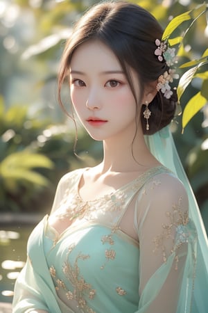 A Taiwanese woman is in the center, with realistic skin effects, clear facial features, and a majestic bust. Infrared photography, her attention is directed downwards towards the guzheng-like instrument.  She wore a delicate sheer tulle with a floral pattern that complemented her elegant pose.  The serene backdrop is a serene garden pond surrounded by rocks and blurry greenery, enhancing the calm ambience.  Soft sunlight shines through, casting a soft glow that illuminates the floating particles, adding a dreamy texture.