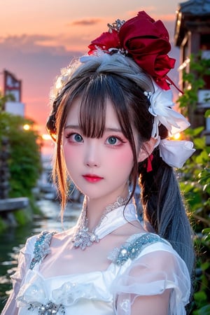 Best Works, (Best Quality, , HDR, 8k, 32k, Original Photo, Realistic, Real Skin, UHD: 1.2), a beautiful Japanese 20-year-old girl, with surging waves, a plump figure, wearing a long white tulle dress, by a forest lake, bright blue eyes, long gray hair, delicate face, perfect face, green pond, dark sky, background lighting, realism, red sky, detailed sky, realistic clouds, sun, bright environment, late afternoon, sun in the clouds, wide-angle lens effect