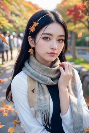 A beautiful woman with a scarf around her neck, black hair, straight pose, japanese ornate hairpin, kyoto, outdoor, autumn, autumn leaves, fallen leaves, photorealistic, detailed textures, high quality, high resolution, high accuracy, realism, color correction, proper lighting settings, harmonious composition, behance works, shallow depth-of-field, bokeh