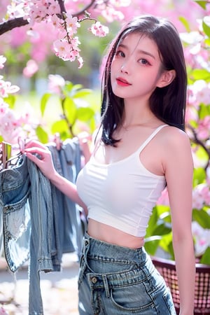 A Taiwanese girl, wearing a short T-shirt and short jeans, 
dries clothes under a cherry blossom tree in spring, petals are flying, the camera is shooting from bottom to top, real skin style, delicate face, majestic bust, the background presents an ethereal and extraordinary feeling.