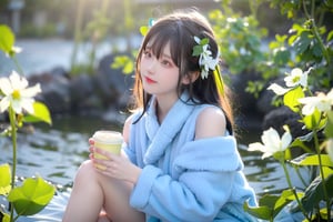 A Taiwanese girl, with real skin style, delicate face, majestic and proud upper body, ethereal and extraordinary feeling, wearing off-shoulder chiffon silk pajamas and a dreamy coat, in a warm morning, with a shy smile in spirit, sitting on the white beach, drinking coffee, with colorful petals flying around her, watching the yellow-blue light of sunrise, the bright green fields and blue sea, enjoying the feeling of being in a paradise at the moment