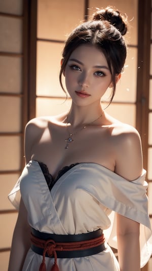 In a Japanese inn, there is a beautiful Taiwanese girl from ancient times, with a majestic bust, real skin style, gray-white flowing short hair, a long deep V strapless dhoti, ethereal eyes, backlight effect, shy smile, water droplets on the skin, messy bun short hair, long thin necklace, holding a samurai sword in both hands, and the samurai sword is emitting blue heat and light.