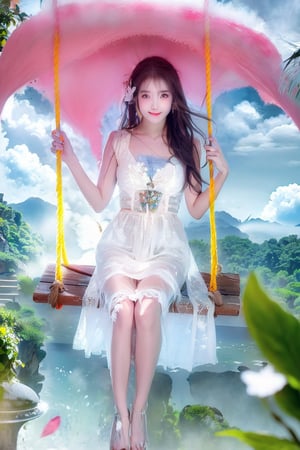 A Taiwanese girl, wearing a white off-shoulder chiffon dress, short jeans, real skin style, smiling happily, delicate skin face, the focus is on the girl sitting on a swing suspended in the air, swinging, there is a big tree pole covered with colorful beautiful flowers, petals flying around, clouds and mist lingering around, toes almost touching the sea of ​​clouds, breeze blowing her hair. The world is vast, the sun is warm, the beautiful scenery of mountains and seas in front of her fills her heart with tranquility and leisure, panoramic appearance, wide-angle lens shooting from bottom to top.