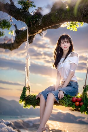 A Taiwanese girl, wearing a white off-shoulder top, short jeans, real skin style, smiling happily, delicate skin face, the focus is on the girl sitting on a swing suspended in the air, swinging on a large tree pole covered with vegetables, her toes almost touching the sea of ​​clouds, the breeze blowing her hair. The world is vast, the sun is warm, the beautiful scenery in front of her fills her heart with tranquility and leisure, panoramic view.