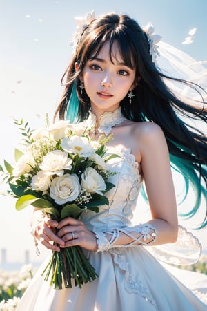 miku hatsune, long hair, white flower garden, wedding dress, holding bouquet, sliming, blue sky, no cloud, smiling, open mouth ray tracing, cinematic lighting, cuteness, freedom, hope, sharp focus, vibrant color, depth of field, cowboy shot, (intricate detail:1.2), (white theme:1.4), (blue tone:1.4), illustration, watercolor art, perfect light, 1 girl, beautiful korean girl, 18 yo, over sized eyes, big eyes, smiling, looking at viewer