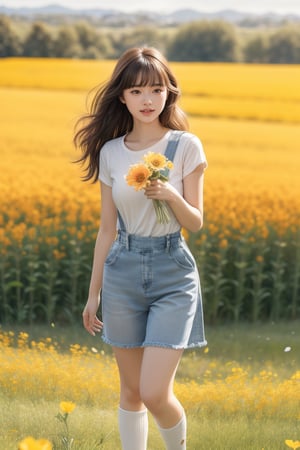 background is flower field,grass field,horizon,wind blowing,petals blowing,16 yo, 1 girl, beautiful girl,smile,
wearing denim overalls skirt,long socks,standing on flower field,holding buquet, cowboy shot,very_long_hair, hair past hip, bangs, curly hair, realhands, masterpiece, Best Quality, 16k, photorealistic, ultra-detailed, finely detailed, high resolution, perfect dynamic composition, beautiful detailed eyes, ((nervous and embarrassed)), sharp-focus, full body shot,pink flower,flower