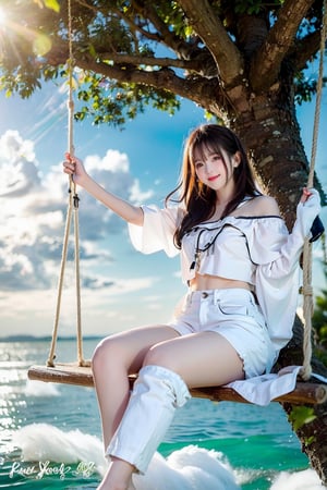 A Taiwanese girl, wearing a white off-shoulder top, short jeans, real skin style, smiling happily, delicate skin face, the focus is on the girl sitting on a swing suspended in the air, swinging on a large tree pole covered with vegetables, her toes almost touching the sea of ​​clouds, the breeze blowing her hair. The world is vast, the sun is warm, the beautiful scenery in front of her fills her heart with tranquility and leisure, panoramic view.