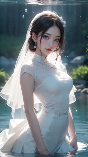 1girl, a Korean girl and Korean boy band, wearing a white gauze skirt, real-life fantasy photos, exquisite faces, the water surface splits two pictures, clearly photographing the underwater scenery of the characters, luminous particles fill the entire picture, starlight skirt, held up from the water The bride is getting up, the bride is smiling happily and has bright blue eyes