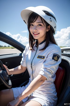 A Taiwanese man, wearing a white technical flight suit, is sitting in a fighter plane and operating the fighter plane in the air. He is wearing a helmet and smiling at the camera. The background is blue sky and white clouds. He is wearing a white flight suit, with real skin and exquisite body. Effects, Ready for Mission, Highly Detailed Textures, Shallow Depth of Field, Vibrant Colors, Thermal Realism, RAW, 16K, Masterpiece, Ultra HD, Full Body Shot, Sharp Focus, Professional, Bokeh, Hyperreal, Top Theatrical Lighting, Dynamic Shadows ,