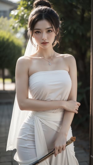 there is a beautiful Taiwanese girl from ancient times, with a majestic bust, real skin style, gray-white flowing short hair, a long deep V strapless dhoti, ethereal eyes, backlight effect, shy smile, water droplets on the skin, messy bun short hair, long thin necklace, holding a samurai sword in both hands, and the samurai sword is emitting blue heat and light.