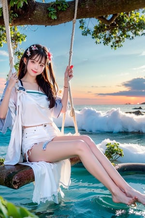 A Taiwanese girl, wearing a white off-shoulder top, short jeans, real skin style, smiling happily, delicate skin face, the focus is on the girl sitting on a swing suspended in the air, swinging on a large tree pole covered with vegetables, her toes almost touching the sea of ​​clouds, the breeze blowing her hair. The world is vast, the sun is warm, the beautiful scenery in front of her fills her heart with tranquility and leisure, panoramic view.