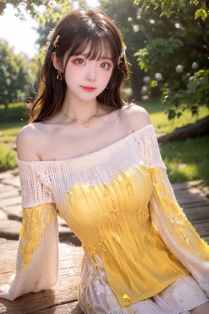 A Taiwanese beauty, with a majestic and proud bust, full and round, real skin effect, clear focus, delicate face, happy smile, sitting alone by the paddy field, on a low wooden table under a maple tree, drinking tea, enjoying the pastoral scenery, delicate light and shadow details, yellow fallen leaves all around her, golden light and shadow