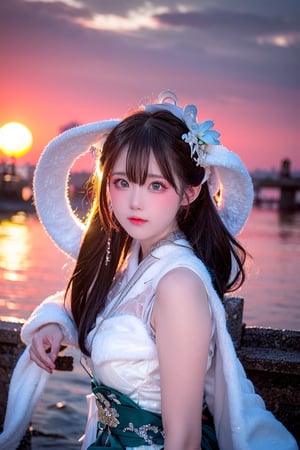 Best Works, (Best Quality, , HDR, 8k, 32k, Original Photo, Realistic, Real Skin, UHD: 1.2), a beautiful Japanese 20-year-old girl, with surging waves, a plump figure, wearing a long white tulle dress, by a forest lake, bright blue eyes, long gray hair, delicate face, perfect face, green pond, dark sky, background lighting, realism, red sky, detailed sky, realistic clouds, sun, bright environment, late afternoon, sun in the clouds, wide-angle lens effect