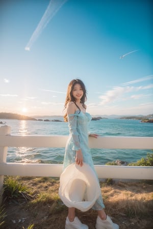 A Taiwanese girl, with real skin style, delicate face, majestic and proud upper body, ethereal and extraordinary feeling, wearing off-shoulder chiffon silk pajamas and a dreamy coat, in a warm morning, with a shy smile in spirit, sitting on the white beach, drinking coffee, with colorful petals flying around her, watching the yellow-blue light of sunrise, the bright green fields and blue sea, enjoying the feeling of being in a paradise at the moment