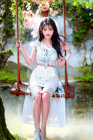 A Taiwanese girl, wearing a white off-shoulder chiffon dress, short jeans, real skin style, smiling happily, delicate skin face, the focus is on the girl sitting on a swing suspended in the air, swinging, there is a big tree pole covered with colorful beautiful flowers, petals flying around, clouds and mist lingering around, toes almost touching the sea of ​​clouds, breeze blowing her hair. The world is vast, the sun is warm, the beautiful scenery of mountains and seas in front of her fills her heart with tranquility and leisure, panoramic appearance, wide-angle lens shooting from bottom to top.