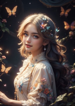 Masterpiece, top quality, best quality, official art, beauty and aesthetics: 1.2), (1girl), eyebrows, blue eyes, beautiful shiny blond eyes, long and thick hair, slightly upturned red lips, slightly parted, very Smiling happily at the camera: (fractal art: 1.3), colorful, highest details, dreamy atmosphere, bright colors, complete clothes, beautiful butterflies, beautiful fireflies, colorful and transparent art. at midnight. Extremely mysterious and extremely beautiful. All, light and shadow
Element, add fog mirror. whole body.Masterpiece, top quality, best quality, official art, beauty and aesthetics: 1.2), (1girl), eyebrows, blue eyes, beautiful shiny blond eyes, long and thick hair, slightly upturned red lips, slightly parted, very Smiling happily at the camera: (fractal art: 1.3), colorful, highest details, dreamy atmosphere, bright colors, complete clothes, beautiful butterflies, beautiful fireflies, colorful and transparent art. at midnight. Extremely mysterious and extremely beautiful. All, light and shadow
Element, add fog mirror. whole body.