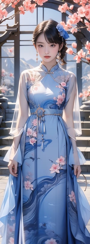 A 16-year-old Japanese beauty,in the sakura flowers.Turn slightly,peacock blue dress