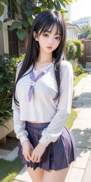(masterpiece, best quality, highres:1.3), ultra resolution image, (1girl), (solo), ((20 years old)), kawaii, white hair, long flowing hair, bangs, purple eyes, gentle breeze, (soft sunlight:1.3), happy, white shirts, long sleeved, navy color tennis skirt, alone, realistic hand, perfect anatomy, 1 girl,scenery, front view, white background, looking at viewer, ,Hani