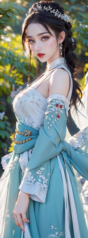 (Extremely detailed CG unified 8k wallpaper), ANCIENT_CHINESE_CASTLE_GARDEN_BACKGROUND, (((Masterpiece))), (((Best Quality))), ((Super Detailed)), (Best Illustration), (Best Shading), ( (Extremely exquisite and beautiful)), embodying the charm of ancient princesses, exuding beauty, sexiness and charm, with natural big breasts. Mesmerizing eyes convey mystery and seduction. Elegant and charming, with a slender figure and full of mystery. Off the shoulders, low cut. Ancient traditional Hanfu decorated with intricate patterns or ornate details. Seductive and elegant pose, beautyniji,ancient_beautiful
