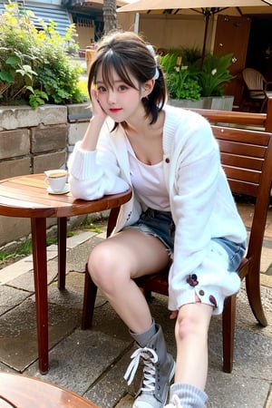 A contemporary color photo of a young Taiwanese girl sitting at an indoor coffee table, with real skin effects, short grey hair, clear facial features, a majestic bust, solo, she is wearing a white cardigan without buttons and high white boots on her feet. Her pose is relaxed, with one leg crossed over the other. The background shows the environment of a modern outdoor coffee shop, including chairs, tables and green plants. The background seems to be a soft shadow under the sunlight, suggesting daytime. On the table there is a cup, saucer and a dessert cup on a wooden tabletop. This composition captures a casual but intimate moment in a trendy urban environment.