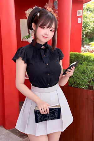 A 27-year-old Taiwanese girl, with a majestic bust, real skin style, delicate face, brown hair, cute European and Japanese girl, Internet idol, angelic face, wearing a plain stand-up collar short-sleeved shirt and a black pleated skirt, holding a book in her arms, looking pure, gentle and innocent, her squinting smiling eyes show her kindness, her expression comforts the viewer, brings joy and bright feelings, creates a beautiful day, she allows us to eliminate worries, drive away anxiety, full of positive atmosphere and energy, the background presents an ethereal and extraordinary feeling