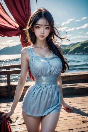 A Taiwanese girl, wearing a white period costume and white tulle, real skin style, delicate face, long flowing hair, strikes a dancing pose with a sailboat as the background. She stands by the boat, with the sea and sails visible behind her, suggesting a nautical theme. The background is a clear blue sky, and the lighting is bright and natural. The overall color scheme is cool, mainly blue, which complements the marine environment, emphasizing realistic textures and bright colors.