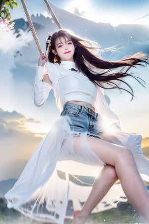 A Taiwanese girl, wearing a white off-shoulder chiffon dress, short jeans, real skin style, smiling happily, delicate skin face, the focus is on the girl sitting on a swing suspended in the air, swinging, there is a big tree pole covered with colorful beautiful flowers, petals flying around, clouds and mist lingering around, toes almost touching the sea of ​​clouds, breeze blowing her hair. The world is vast, the sun is warm, the beautiful scenery of mountains and seas in front of her fills her heart with tranquility and leisure, panoramic appearance, wide-angle lens shooting from bottom to top.