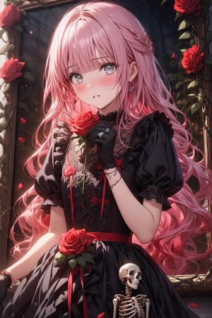 masterpiece, best quality, extremely detailed, (illustration, official art:1.1), 1 girl ,(((( light pink long hair)))), light pink hair, ,15 years old, long hair ((blush)) , beautiful face, big eyes, masterpiece, best quality,(((((a very delicate and beautiful girl))))),Amazing,beautiful detailed eyes,blunt bangs((((little delicate girl)))),tareme(true beautiful:1.2), ,masterpiece, best quality,1girl, solo, flower, long hair, rose, red hair, red flower, heart, grey eyes, thorns, red rose, vines, dress, looking at viewer, parted lips, bangs, black flower, black dress, gloves, holding, plant, very long hair, skeleton, ring, white background, black rose, picture frame, card, frills, black gloves, white eyes, blurry ////////, ,