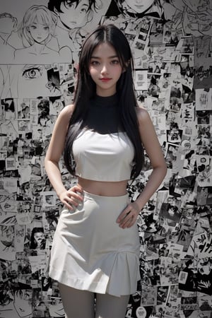 beautiful Korean 18yo girl, idol face, {beautiful and detailed eyes}, {normal limbs and fingers}, ((accurate hands without incongruity)), Golden ratio, perfect body ratio, The face of a young actress in korea, high details, High quality, beauty face, perfect face, beautiful accurate face (eyes, nose and mouth), medium_breasts, Detailed face, Detailed eyes, perfect foot, perfect hand, perfect fingers, Clean facial skin, slim and perfect body, Glamor body type, hips up, film grain, realhands, looking at viewer, warm light room Beautiful woman with silver long hair against a grey background, over-the-ear headphones, Smile, black tights top, Girl, Realism, full_body,Manga Background