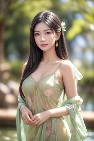 A Taiwanese woman is in the center, with realistic skin effects, clear facial features, and a majestic bust. Infrared photography, her attention is directed downwards towards the guzheng-like instrument.  She wore a delicate sheer tulle with a floral pattern that complemented her elegant pose.  The serene backdrop is a serene garden pond surrounded by rocks and blurry greenery, enhancing the calm ambience.  Soft sunlight shines through, casting a soft glow that illuminates the floating particles, adding a dreamy texture.