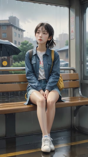 (masterpiece, high quality, 8K, high_res), 
a girl sits on a bench in the rain and looks at the sky, (ultra slender legs:1.2), dressed in a bottomless meshshirt, short jeans and white sneakers, yellow_headphone wires are visible, the image conveys the mood of melancholy thoughtfulness, impasse, doubt. Watercolor painting technique, ultra detailed, beautiful,
inspired by  Makoto Shinkai and Toshihiro Kawamoto,LinkGirl,xxmix_girl
