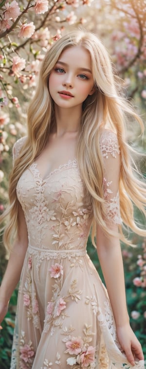 a beautiful young woman, long blonde hair, pale soft skin,lace dress, soft colors,  background with birds and flowers, intricate details,