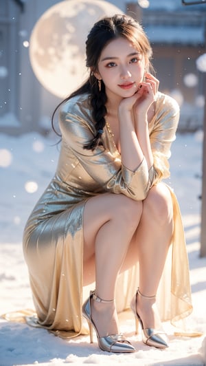 A Taiwanese girl, (realism: 1.2), analog photography style, dreamy snow scene, short black and gray braided hair, full body, soft natural light, cute and sexy smiling, happy, detailed face and blue eyes, high quality, masterpiece, detailed northern mid-autumn night background with a big moon, Chinese style mid-autumn festival atmosphere, quality: 16K, original photo face, real skin effect, clear facial features, majestic bust, analog photography style, dreamy snow scene, short black and gray braided hair, full body, soft natural light, cute and sexy, happy, detailed face and blue eyes, high quality, masterpiece, detailed northern background, quality: 16K, original photo