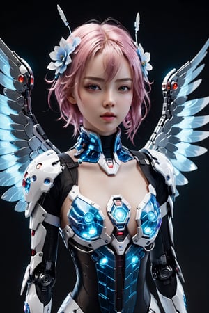 The image shows a female character in a realistic 3D style, probably from a fighting or fantasy game. Here is a detailed description:

. **General appearance**:
 - The character has short pink hair, styled elegantly with a lock behind her right ear.
 - She is looking straight ahead with a serene and friendly expression.

. **Clothing and accessories**:
 – She is wearing a predominantly purple outfit with white details.
 - The top of the costume is a purple bodice with thin straps and white details, standing out for its revealing design.
 - The character wears a short purple jacket with long sleeves that end in white cuffs with buttons.
 - There is a blue rose detail at the waist and another at the bottom of the jacket, as well as a white and blue flower on the head, on the right side.
 - She wears black pantyhose that go up to mid-thigh and white boots with black details.

. **Accessories and Special Details**:
 - On her back, the character has large mechanical wings, silver in color with blue lights, which appear to be made of metal and advanced technology. The wings have a futuristic and aerodynamic design.
 – She also wears white gloves that reach the middle of her forearm.

. **Position and Context**:
 -The character is in a dynamic position, leaning forward as if she were flying or about to take off.
 - The background of the image is transparent, further highlighting the character and its details without external distractions.

. **Artistic Style**:
 - The image has a high level of detail, with a 3D rendering style that suggests it is from a modern video game.
 - The lighting and shadows are well crafted, giving a realistic look to the material of the clothes, the skin and the mechanical wings.

This character appears to be designed for a high-tech or fantasy setting, mixing futuristic elements with an elegant and detailed aesthetic.alisa tekken 7,Your skin is rendered realistically, with attention to details like texture and lighting. The image is a full-body photo, captured in a highly detailed, hyper-realistic style. Using advanced techniques like photon mapping and HDR, the scene comes to life with incredible clarity and resolution (16k).
The environment features cinematic elements, with particles and fragments, Crystallization effects and holographic elements are incorporated, Maintain maximum image detail, with anti-aliasing to ensure smooth edges. The image should be photographic quality, looking almost like a high-resolution cinematic image from a movie rendered in 3D. The hyper-realistic approach,mecha,Energy light particle mecha,robot,more detail XL,pov,Fire Angel Mecha,mecha musume,Mecha