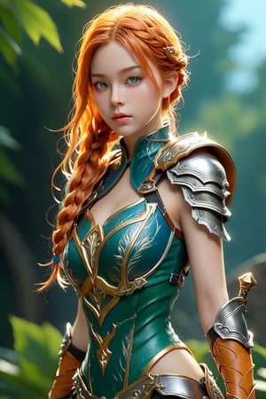 elf warrior, height 1.35, short hair with long braids, open mouth, blue eyes, gloves, holding, bare shoulders, standing, MAPLE, HAMMER, braid, boots, solo focus, pointed ears, short orange hair on top and long Below, armor, gauntlets, combat stance, green and yellow armor, battle scenario
 hammer,lolita mobile legends,Your skin is rendered realistically, with attention to details like texture and lighting. The image is a full-body photo, captured in a highly detailed, hyper-realistic style. Using advanced techniques like photon mapping and HDR, the scene comes to life with incredible clarity and resolution (16k).
The environment features cinematic elements, with particles and fragments, Crystallization effects and holographic elements are incorporated, Maintain maximum image detail, with anti-aliasing to ensure smooth edges. The image should be photographic quality, looking almost like a high-resolution cinematic image from a movie rendered in 3D. The hyper-realistic approach