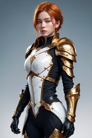 elf warrior, height 1.35, short hair, open mouth, blue eyes, gloves, holding, bare shoulders, standing, (((MAMMER IN HAND))),(((HAMMER IN HAND))), ((( SHIELD IN HAND))), braid, boots, solo focus, pointy ears, short orange hair, armor, gauntlets, combat stance, black armor with yellow gold details, white pants,battle scenario, technological
 hammer,lolita mobile legends,Your skin is rendered realistically, with attention to details like texture and lighting. The image is a full-body photo, captured in a highly detailed, hyper-realistic style. Using advanced techniques like photon mapping and HDR, the scene comes to life with incredible clarity and resolution (16k).
The environment features cinematic elements, with particles and fragments, Crystallization effects and holographic elements are incorporated, Maintain maximum image detail, with anti-aliasing to ensure smooth edges. The image should be photographic quality, looking almost like a high-resolution cinematic image from a movie rendered in 3D. The hyper-realistic approach,more detail XL,(((NSFW))),(((SEXY))),(((MAMMER IN HAND))),(((HAMMER IN HAND))), ((( SHIELD IN HAND)))