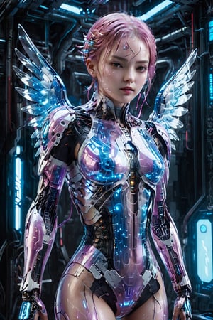 The image shows a female character in realistic 3D, fighting game or fantasy style. Detailed Description:

. **General appearance**:
 - The character has short pink hair, styled elegantly with a lock behind her right ear.
 - She is looking straight ahead with a serene and friendly expression.

. **Clothing and accessories**:
 – She is wearing a predominantly purple outfit with white details.
 - The top of the costume is a purple bodice with thin straps and white details, standing out for its revealing design.
 - The character wears a short purple jacket with long sleeves that end in white cuffs with buttons.
 - There is a blue rose detail at the waist and another at the bottom of the jacket, as well as a white and blue flower on the head, on the right side.
 – She wears black pantyhose that go up to mid-thigh and white boots with black details.

. **Special accessories and details**:
 - On her back, the character has large mechanical wings, silver in color with blue lights, which appear to be made of metal and advanced technology. The wings have a futuristic and aerodynamic design.
 – She also wears white gloves that reach the middle of her forearm.

. **Position and Context**:
 -The character is in a dynamic position, leaning forward as if she were flying or about to take off.
 - futuristic fight scenario, highlighting the character and his details even more without external distractions.

. **Artistic Style**:
 - The image has a high level of detail, with a 3D rendering style that suggests it is from a modern video game.
 - The lighting and shadows are well crafted, giving a realistic look to the material of the clothes, the skin and the mechanical wings.

This character appears to have been designed for a high-tech or fantasy setting, mixing futuristic elements with a sleek, detailed aesthetic.alisa tekken 7, Her skin is realistically rendered, with attention to details like texture and lighting. The image is a full-body photo, captured in a hyper-realistic, highly detailed style. Using advanced techniques like photon mapping and HDR, the scene comes to life with incredible clarity and resolution (16k).
The environment features cinematic elements, with particles and fragments, crystallization effects and holographic elements are incorporated, maintaining maximum image detail, with anti-aliasing to ensure smooth edges. The image should be photographic quality, looking almost like a high-resolution cinematic image from a movie rendered in 3D. The hyper-realistic approach, mecha, energy light particle mecha, robot, more details XL, pov, Fire Angel Mecha, mecha musume, Mecha,LuminescentCL,aw0k meltdown style,Energy light particle mecha